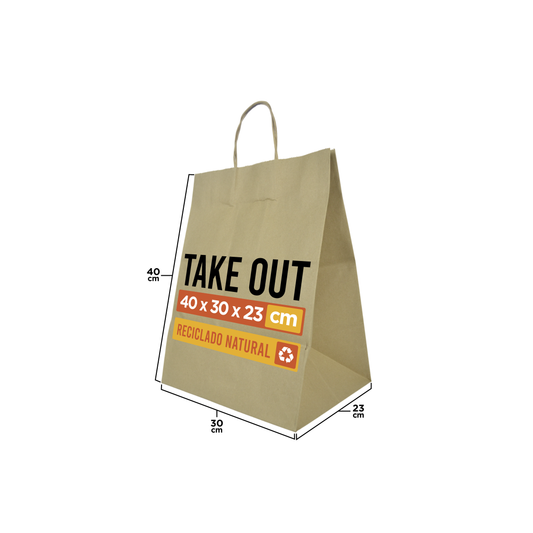 BOLSA TAKE OUT | KRAFT | CON MANIJA |  30 cm x 40 cm x 23 cm